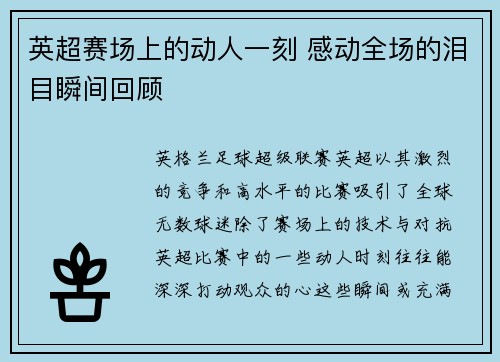 英超赛场上的动人一刻 感动全场的泪目瞬间回顾 英超赛场上的动人一刻 感动全场的泪目瞬间回顾